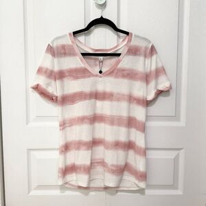 Women Socialite V Neck Stripe Casual T-Shirt in White and Light Pink Size Medium